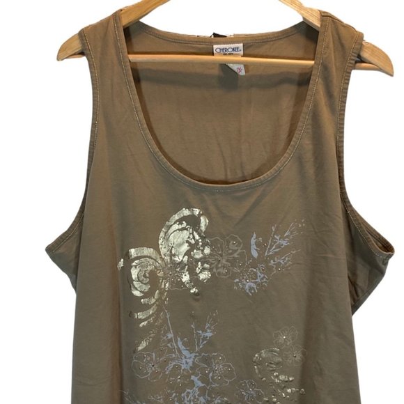 Olive Tank Top w/ Gold/Grey Embellished Floral Graphic - Picture 1 of 3